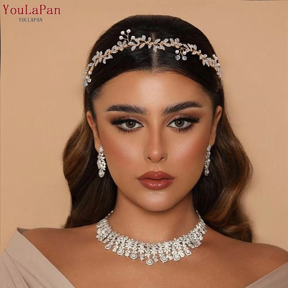 Женская повязка на голову YouLaPan золотистая Свадебная головная с листьями и