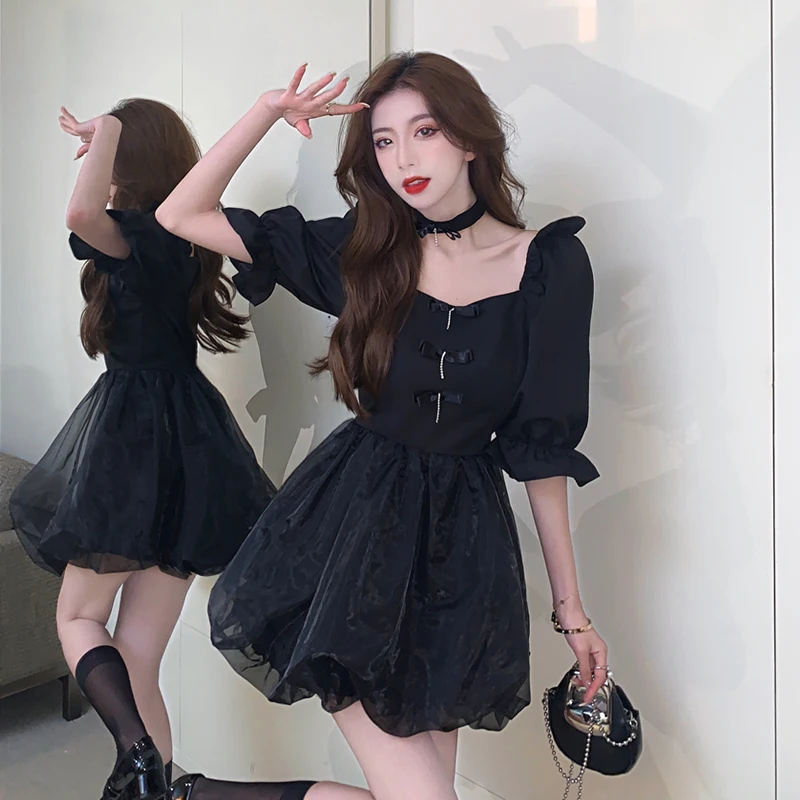 

summer dresses Black Dress Women Square Neck High Waist Flower Bud Tutu Dresses Summer 2022 New Puff Sleeve Dresses