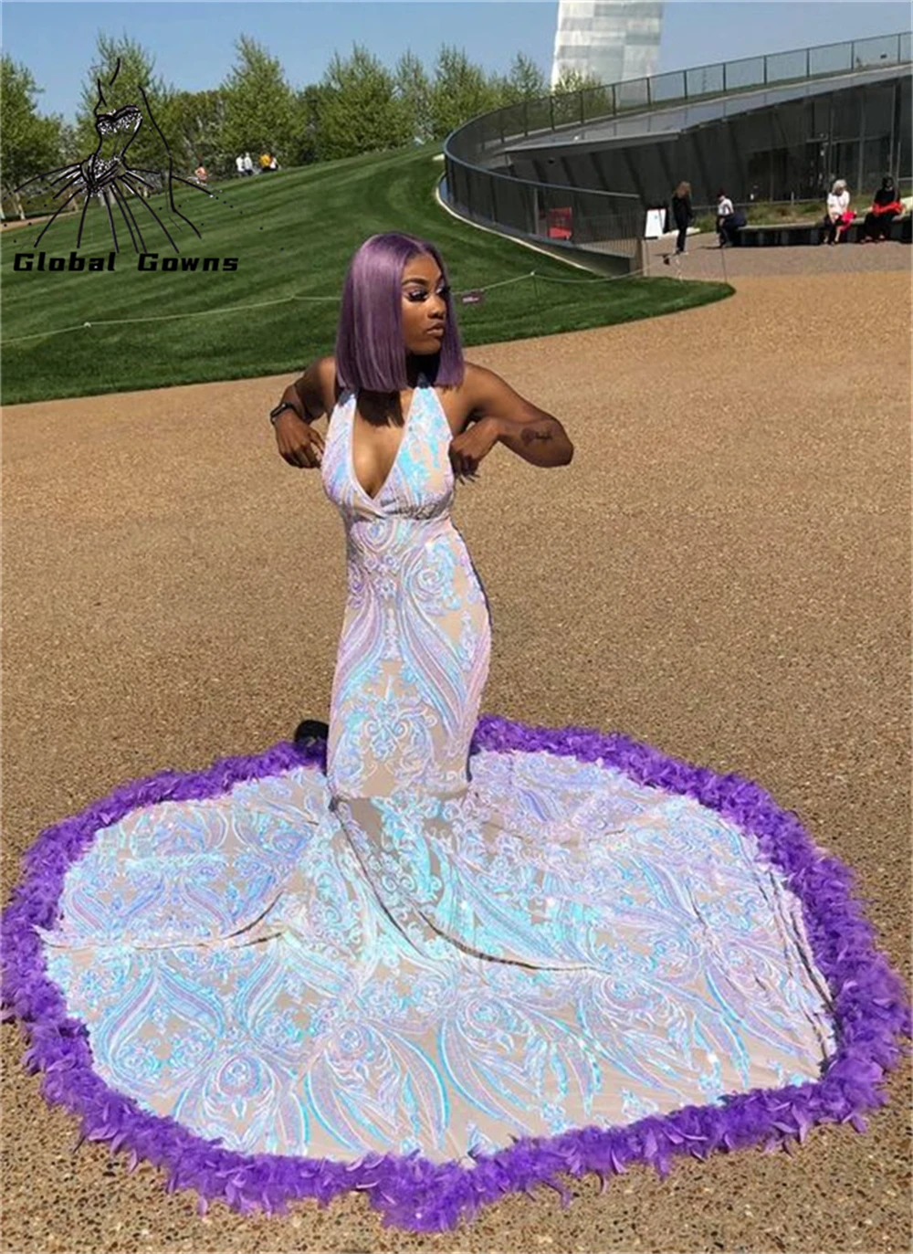 Vestido largo africano con cuello Halter para niña, vestido De fiesta De cumpleaños con lentejuelas, plumas púrpuras, 2022