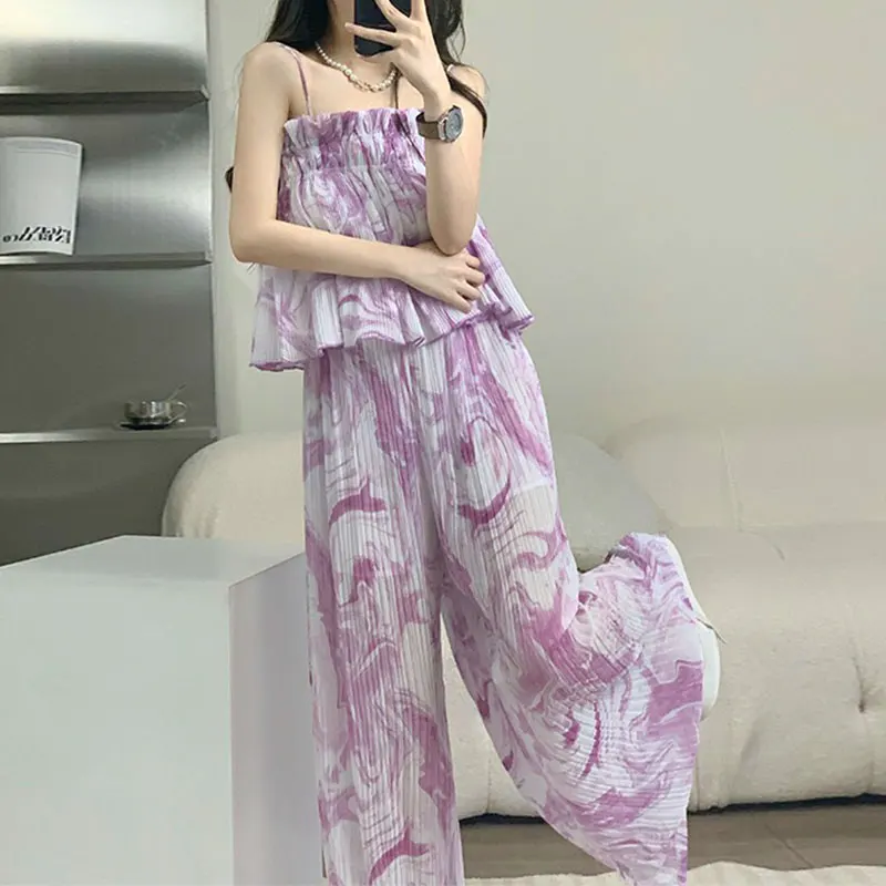 

Strap Tube Top Vest + Wide-Leg Pleated Trousers Two-Piece Set Casual Fashion Loose Temperament Design Sense Printing Suit Women
