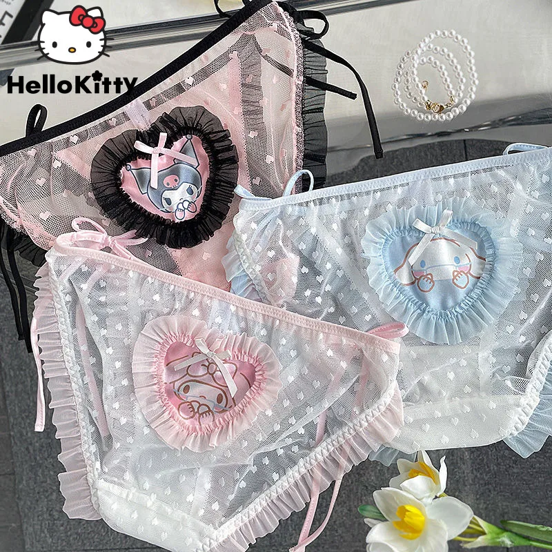 

Sanrio Cinnamoroll Melody Kuromi Sexy Lace Up Briefs For Women Y2k Kawaii Transparent Mesh Sweet Girl Teens Triangles Panties