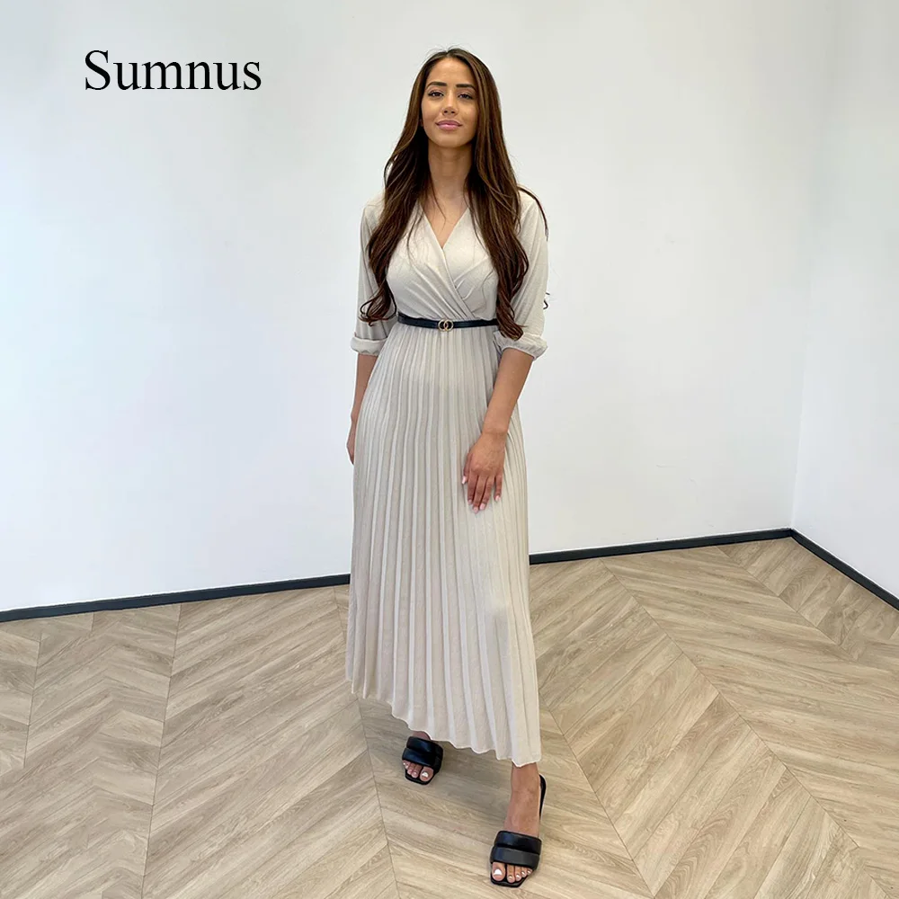

Sumnus Gray A Line Saudi Arabic Evening Party Gowns Half Sleeve with Belt Pleats Chiffon Formal Dress Ankle Length Dubai Gowns