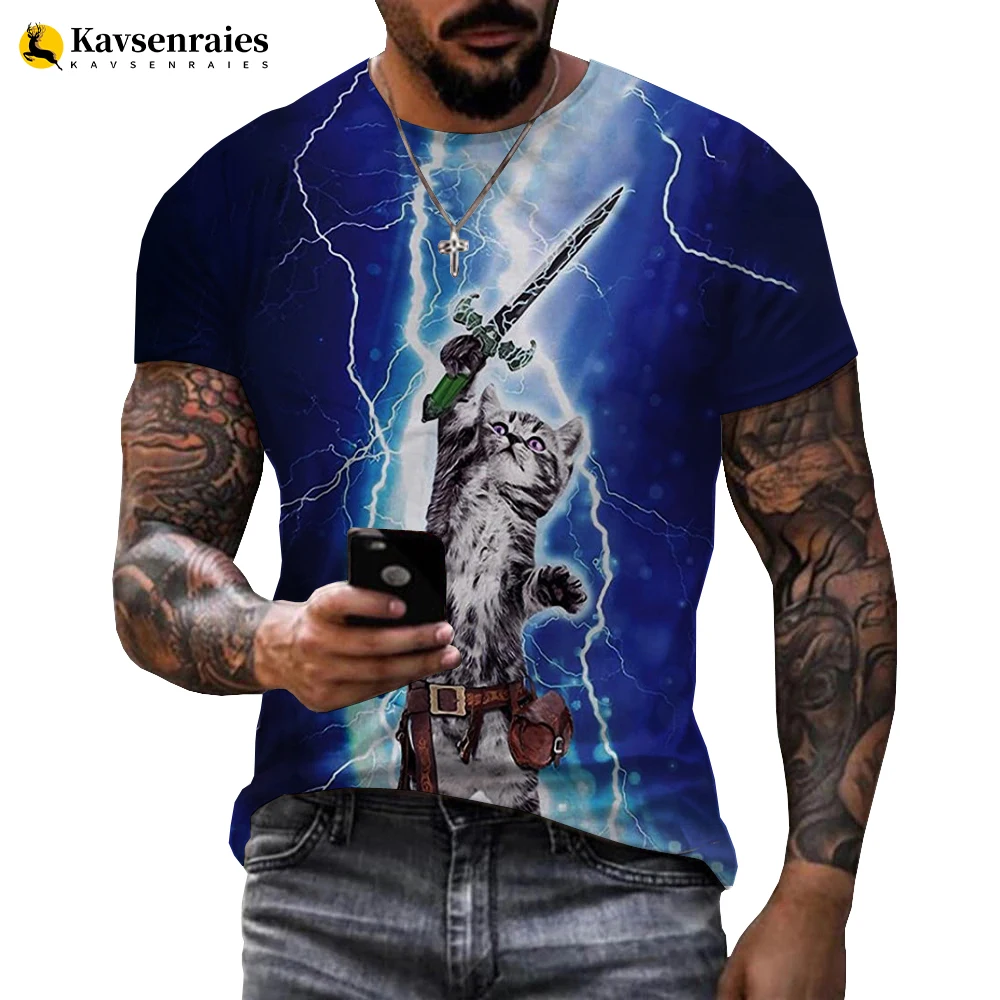 

Футболка с круглым вырезом и короткими рукавами для мужчин и женщин, Милая с принтом молнии и кота, забавная уличная одежда в стиле оверсайз с животными, 6XL