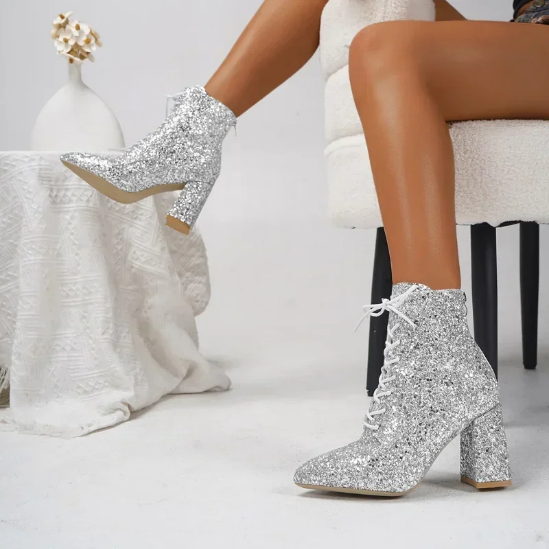 Ботильоны женские на квадратном каблуке с острым носком