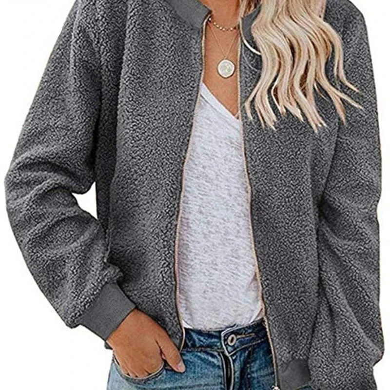 

2022 New Women's Sherpa Fleece Jacket Faux Fuzzy Long Sleeve Casual Zip Up Bomber Coat with Pockets