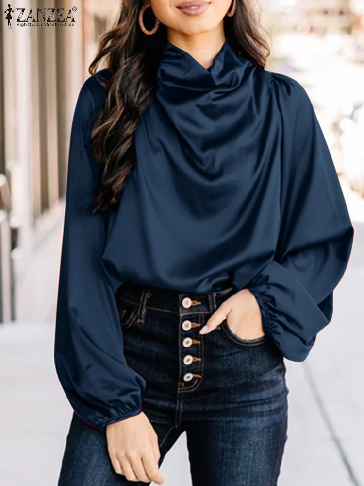 

2022 ZANZEA Fashion Spring Long Sleeve Satin Top Tunic Women Work Office OL Shirts Blouse Casual Solid Loose Chemise Oversized