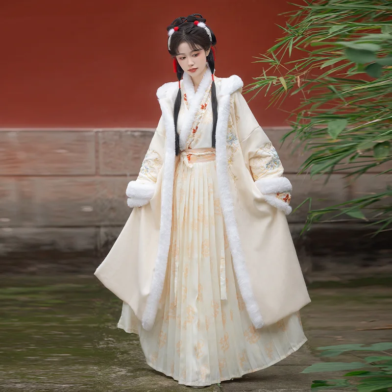 Ancient Chinese Style Hanfu Dresses Set Vintage Red White Thicken Velvet Fluff Edge Waist Skirt Warm Long Snow Robe