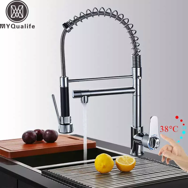 

Chrome Dual Swivel Spout Kitchen Sink Faucet Thermostatic Pull Down Hot and Cold Spring Kitchen Mixer Cranes Deck Mounted
