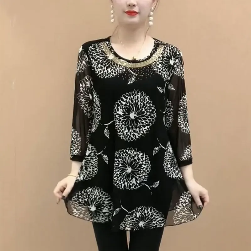 Женская блузка со стразами Повседневная Свободная с круглым вырезом рукавом 2023