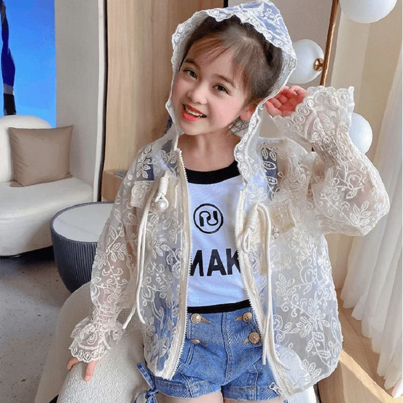 

Summer Fashion Lightweight Embroidered Chiffon School Kids Sun Outfit Suit Top Baby Girl Drawstring Zip Coat with Sequin 1-16Yrs