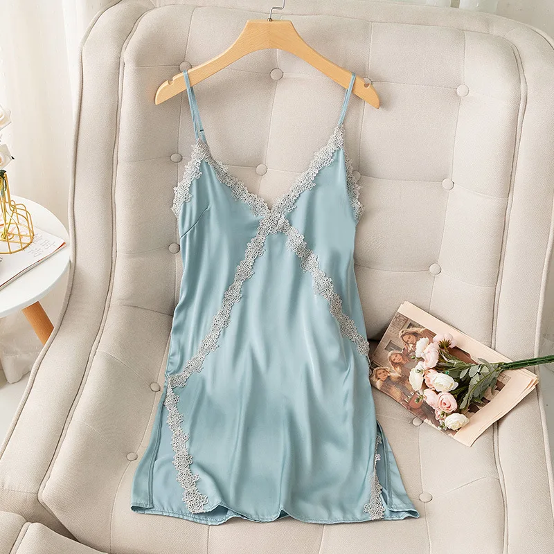 

2022 New Sexy Nightgown Lace V-Neck Mini Nightdress for Women Ice Silk Intimate Sleep Dress Backless Pijamas Seduction Sleepwear