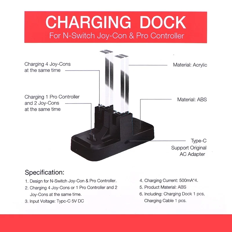 4 In1 For NS Nintend Switch Joy-Con &amp Pro Controller with Dual LED Light Indicator Gamepad Charging Dock Stand Station Charger |