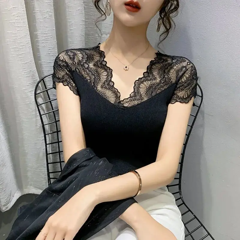 

S-5XL Casual V-neck Lace Short Sleeve T-shirt for Women Spring Winter Clothes Sexy Solid Tee Shirt Office Lady Top Y2k Shirt