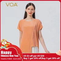 voa casual o neck asymmetrical silk top elegant riband solid simple woman tshirts short sleeve office lady t shirts summer be811