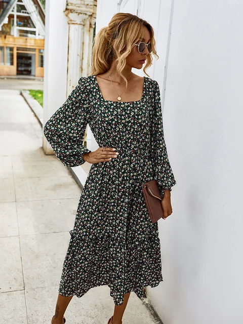 

2023Elegant casual print dress, Women Long Dress Autumn Winter Long Sleeve Elegant Ladies Flower Square Collar Dresses Party Bl