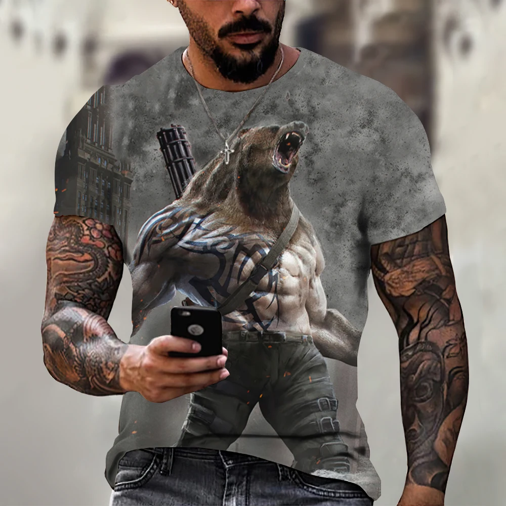 

Anime Men T Shirt Harajuku Shirts Combat Bear Print Tees 3d Vintage T-Shirts Street Male Oversized Clothing Animal O Neck Tops