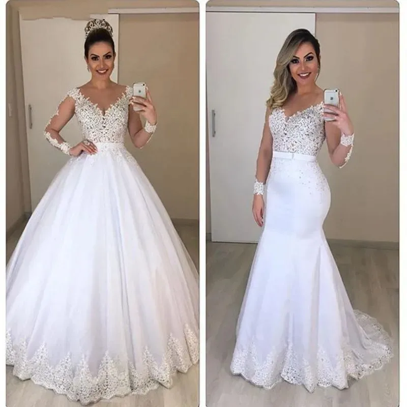 

New Arrival White Long Sleeves Wedding Dresses 2023 Ball Gown Vestido De Noiva Lace Appliques Bride Gowns With Detachable Train