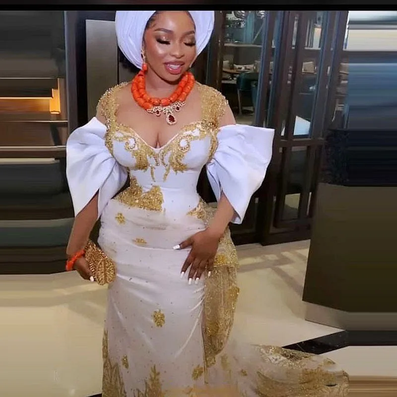 

Gold Applique Evening Dresses 3/4 Sleeve abiye vestido de fiesta Elegant Formal Party Gowns for Wedding Beads Custom Made