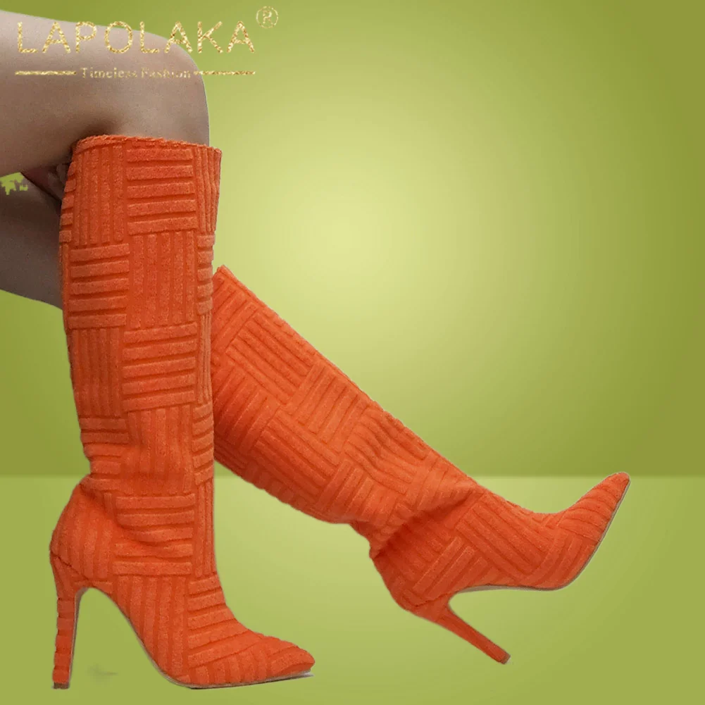 Niche Design Brand New Women's Knee High Boots Pointed Toe Thin Heels Party Sexy Ladies Club Flock Shoes For Woman |