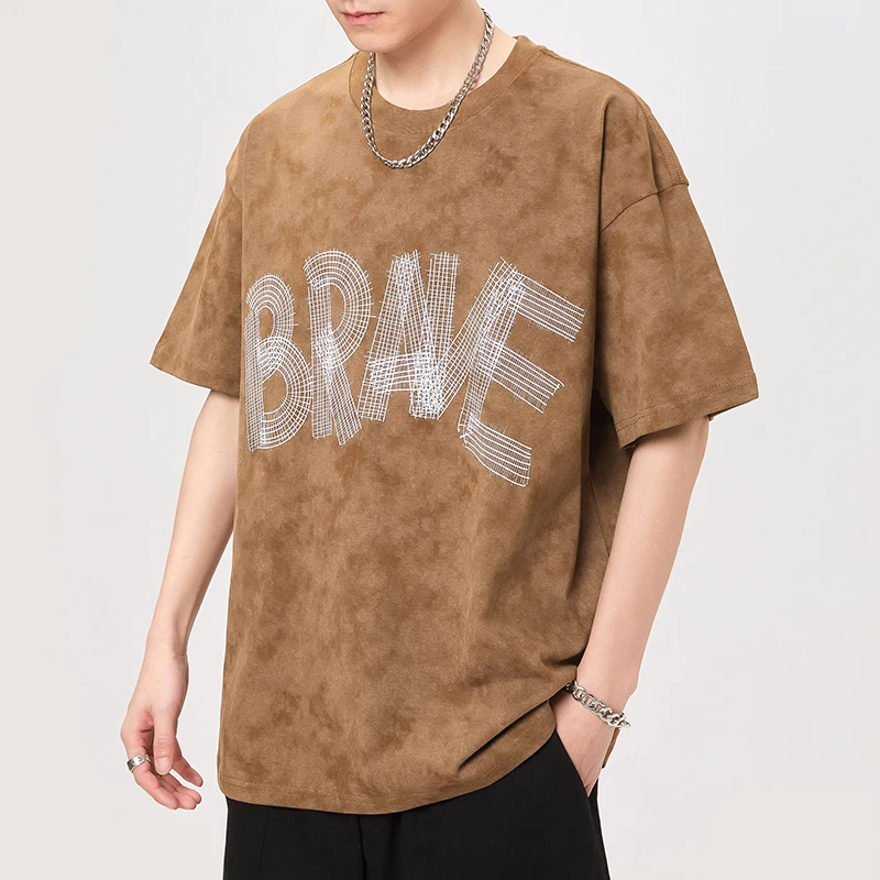 Модная и удобная свободная Мужская футболка американская вязаная иглой с