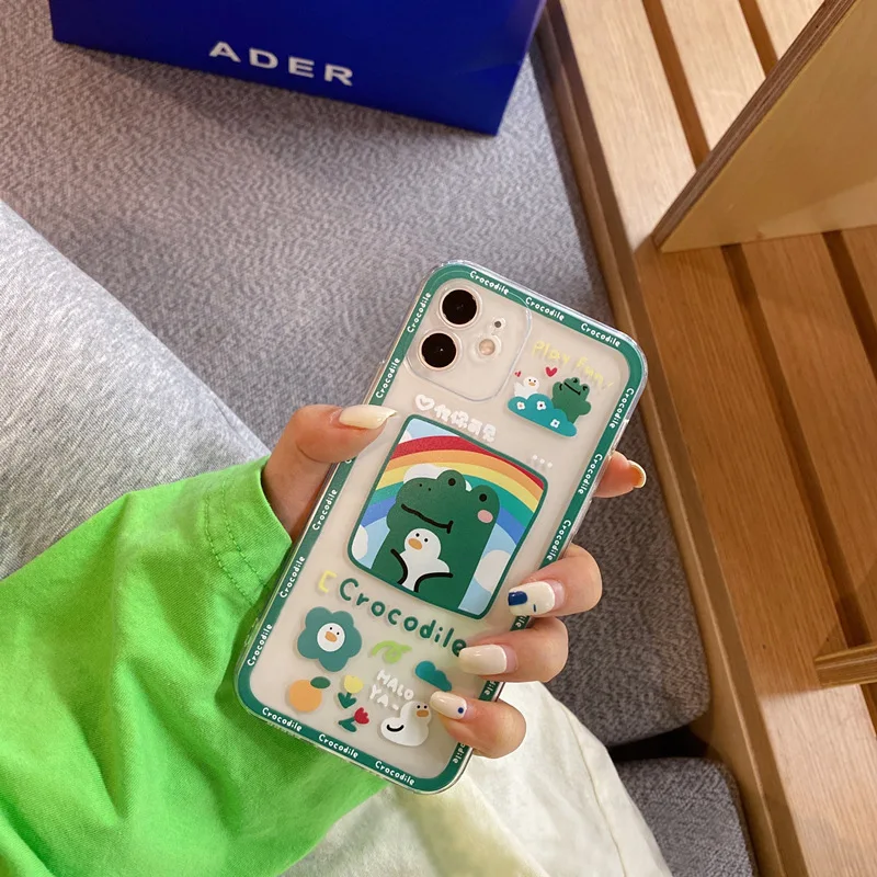 

Cute Cartoon Crocodile Phone Case For iPhone 11 12 Pro Max Mini XR Xs X 7 8 Plus SE Shell Rainbow Lens Protection Back Cover