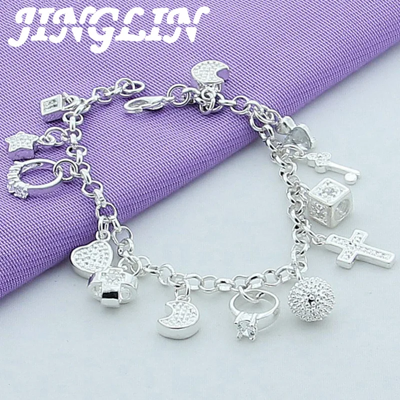 

JINGLIN 925 Sterling Silver Moon Heart Lock Cross Bracelet For Men Woman Charm Wedding Engagement Party Fashion Jewelry