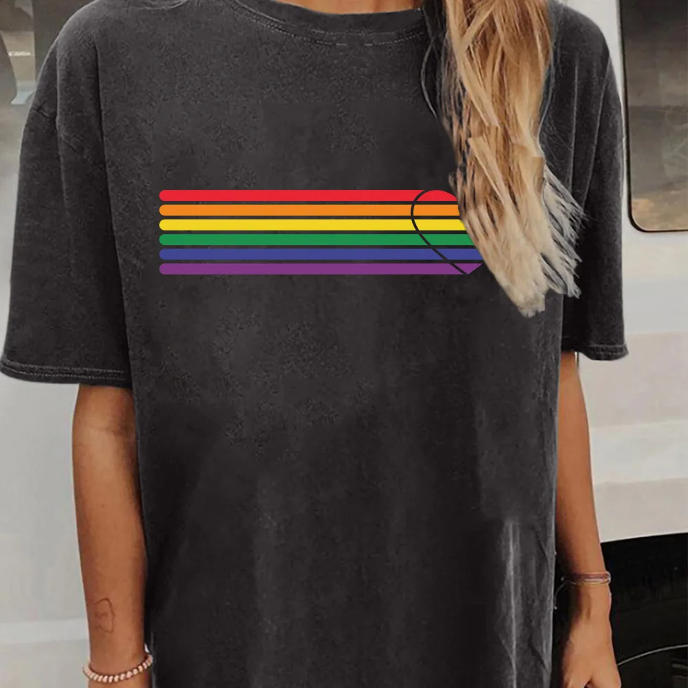 

Seeyoushy Rainbow Love Print 2023 Summer Short Sleeve Women's T-shirt Casual Fashion Women's Top Y2K Aesthetic Women's Clothing