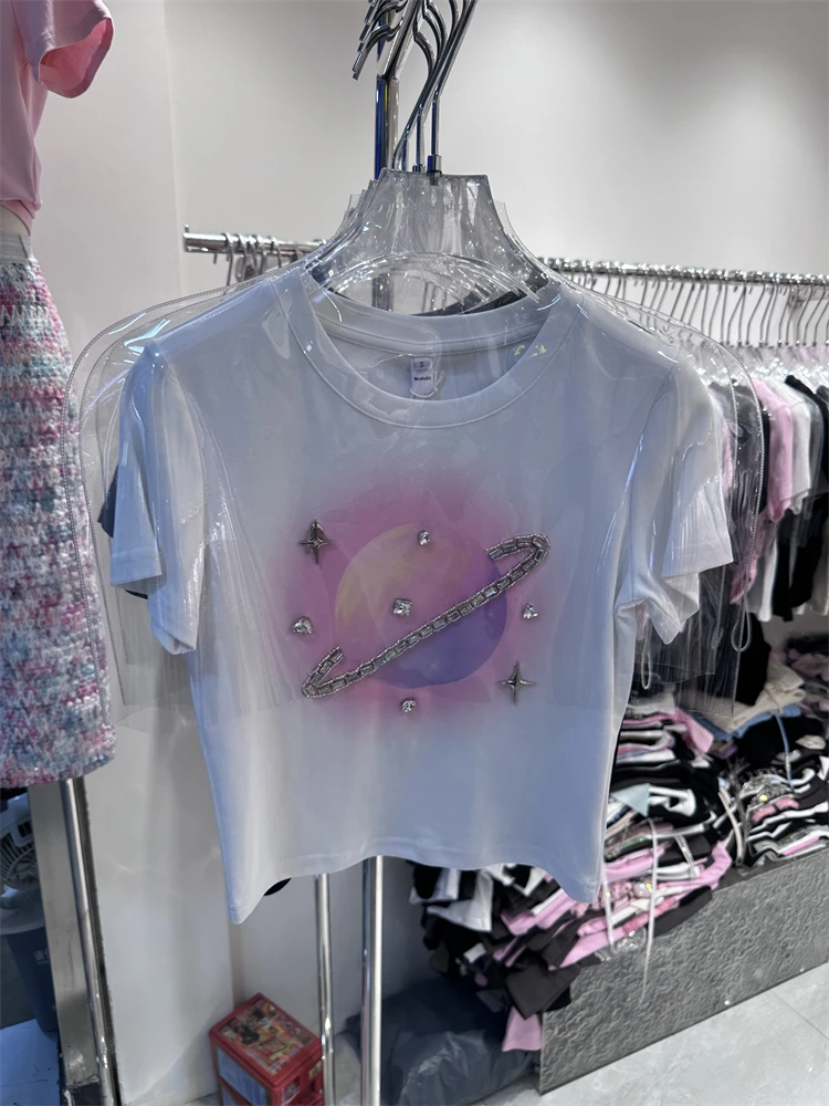 

New Design Sexy Spice Girls Summer Short Sleeve T-shirt 2023 High Waist Slimming Crop Top Diamonds Star Water Drill Cotton Tees