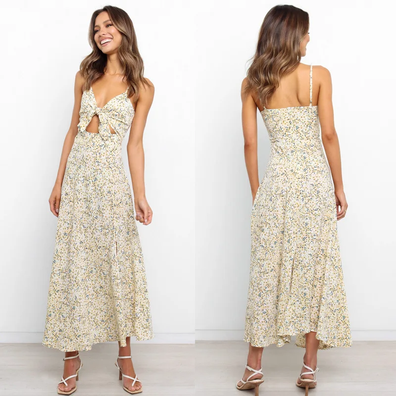 

2022European and American Spring/Summer New Sexy Sleeveless Split Bow Bandage Printed Dress