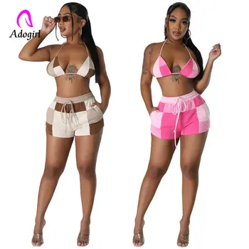 Fitness Plaid Women Two Piece Set Color Block Sexy Lace Up Halter Bra Top Matching Shorts Holiday Beach Suits Streetwear Outfits 1