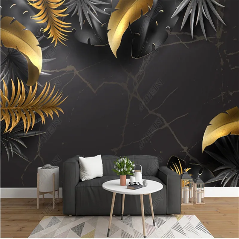 Скандинавские тропические черные обои для гостиной, золотые листья,  благородный черный фон для телевизора, дивана, настенные бумаги, домашний  декор, роспись 3D | AliExpress