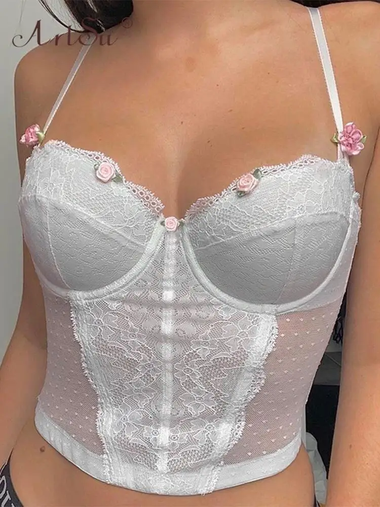 

ArtSu Lacework Corset Tank Top Sexy Women Flower Decoration Sheer Bustier Y2K Aesthetic Cropped Tops Fashion Outfit ANDYVE2246