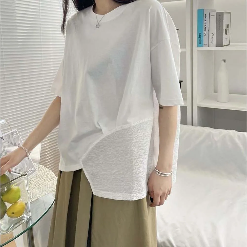 

Новинка лета 2022, свободная облегающая Повседневная Асимметричная футболка в Корейском стиле средней длины с коротким рукавом, пуловер с кр...