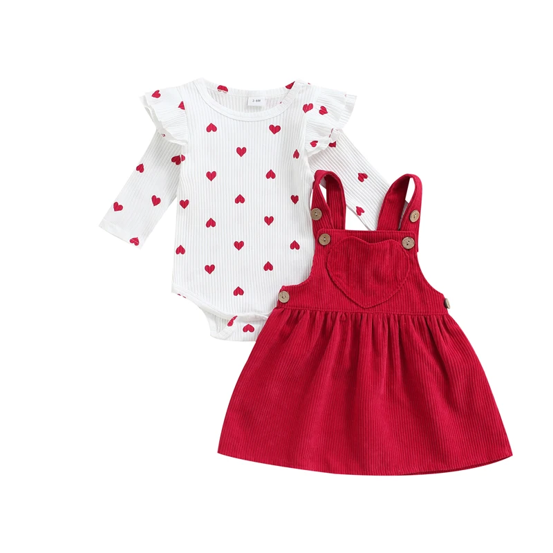 

Baby Girls Two Pieces Outfits Valentines Day Heart Pattern Ruffle Long Sleeve Round Neck Romper + Suspender Skirt Clothes Set