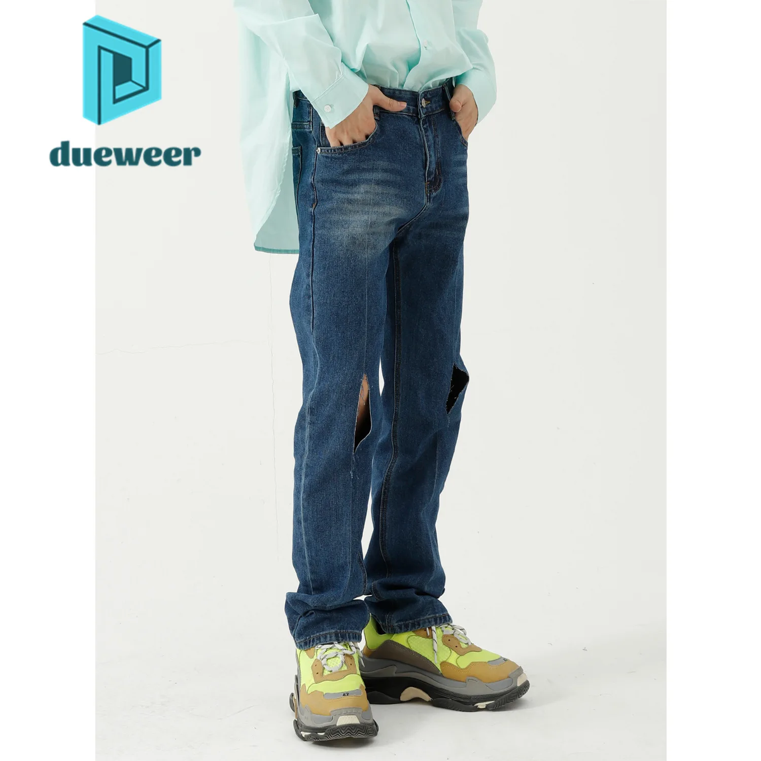 

DUEWEER Men's Korean Fashion Casual Denim Pants Hole Scratch Baggy Trousers Ripped Straight Jeans Distressed Vintage Streetwear