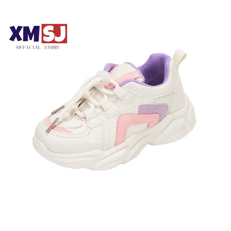 Size 26-37 Mesh Breathable Fashion White Soft Boys Girls Running Shoes Kids Autumn Chunky Round Toe Sneakers Patchwork Non-slip