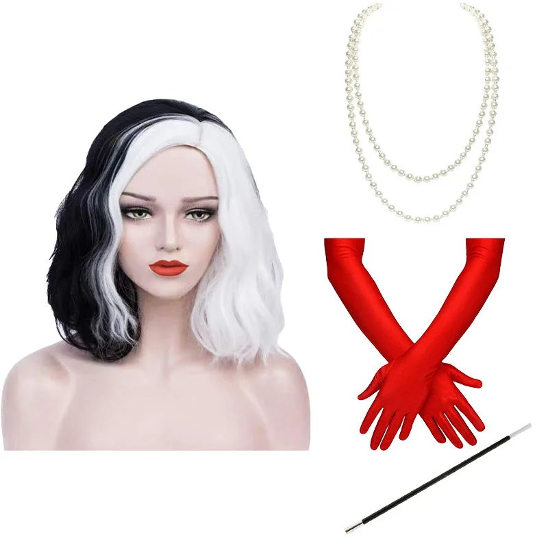 

Cruella Deville De Vil White Black Wig for Deville Hair Short Curly Wavy Heat Resistant Cosplay Halloween Wigs Gloves Props