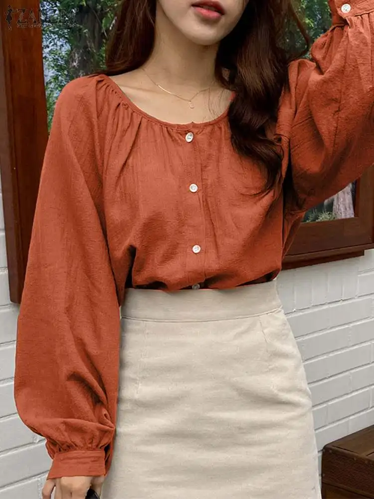 

Модная блузка ZANZEA с длинными рукавами-фонариками, Женская Повседневная рубашка с пуговицами, Корейская туника с круглым вырезом, Осенние хлопковые льняные однотонные Топы