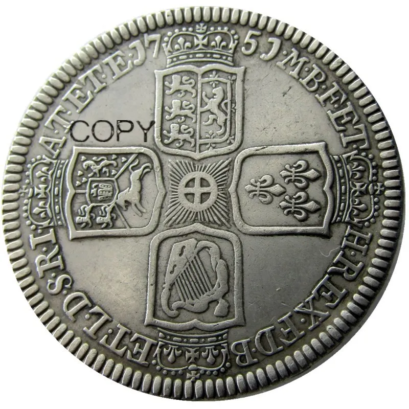 GT BRIT. Корона Джордж II 1751 AR Посеребренная КОПИЯ монета