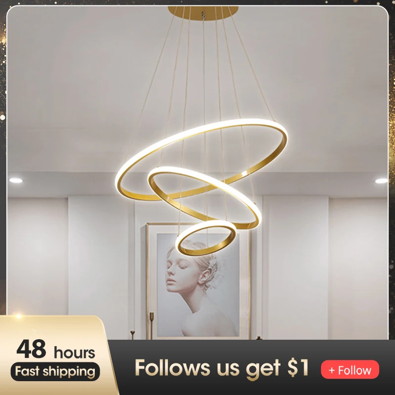 

1 2 3 4 Rings LED Chandelier Warm White Dimmable Golden Black Dinning Room Decor Modern Pendant Ceiling Light LED Pendant Light