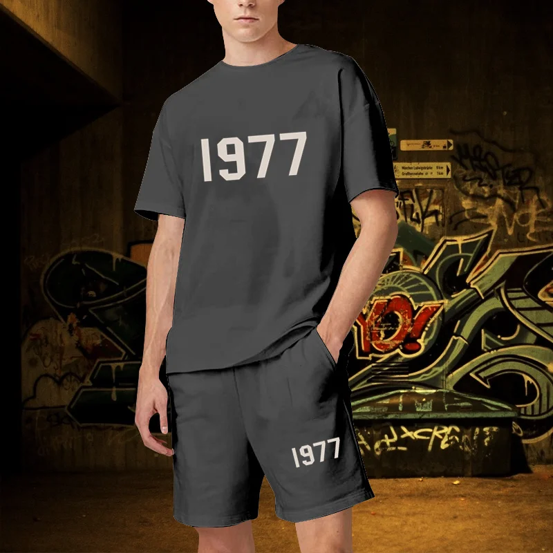 Summer Men's Sets 2 Piece Outfit of Sportswear Luxury Short Sleeve Streetwear T-shirt Set Tracksuit 1977 Print Jogging Suit