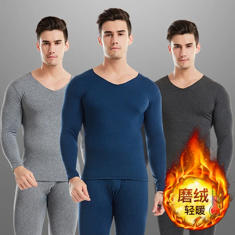 Men's Traceless Thermal Underwear Set Cationic V-neck Autumn And Winter Thin Plush Undercoat Pajamas Thermal Underwear Men