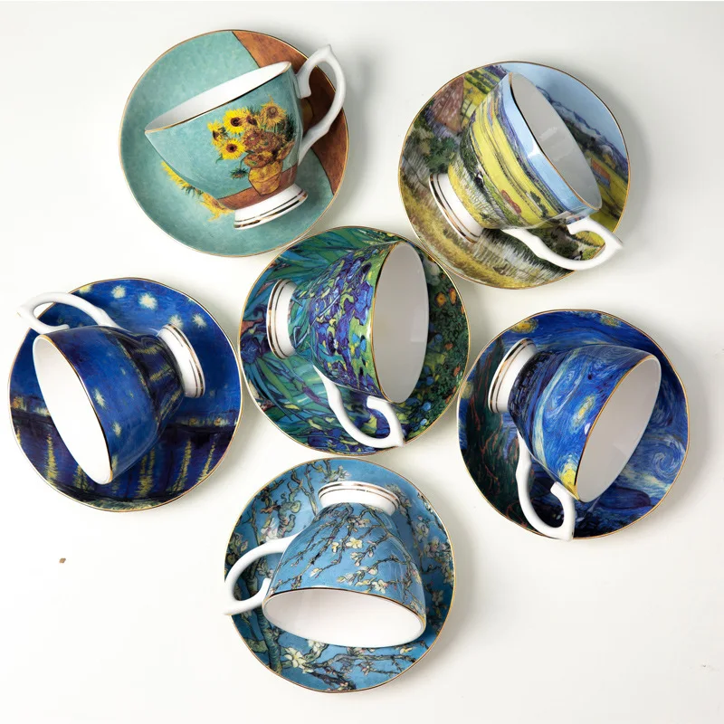 

New Van Gogh Bone China Coffee Cup and Saucers Small Luxury Style Oil Painting Tea Cup
