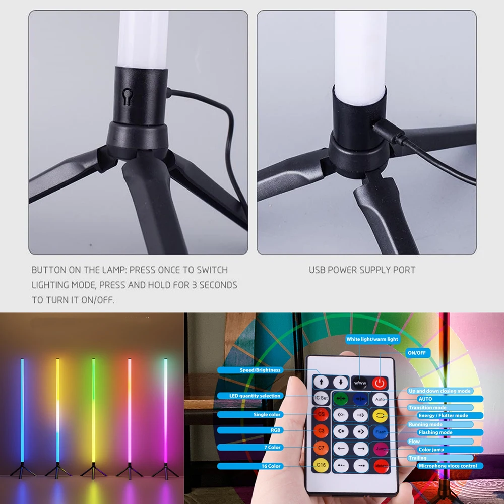 Фото 5 В 103 см Smart RGB CCT Светодиодный напольный светильник Стенд Лампа 360 Круглые трубчатые светильники с питанием от USB 24 клавиши Bluetooth Дистанционное голосовое управление Декор №4