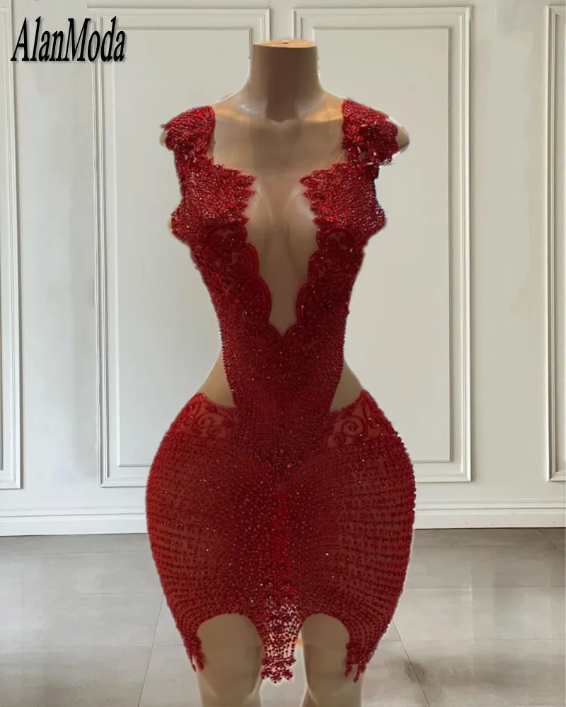 

Luxury Red Birthday Dress For Women 2023 Beading Sequin Short Cocktail Gowns Night Party Dress Zipper Vestido Tipo Coctel