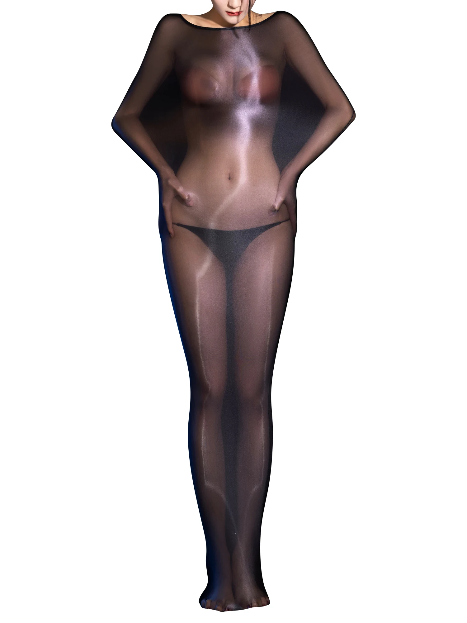 

Sexy Womens See-Through Round Neck Full Bodysuit Glossy Stretchy Sleeping Bag Female Exotic Lingerie Nightwear Valentine’s Day