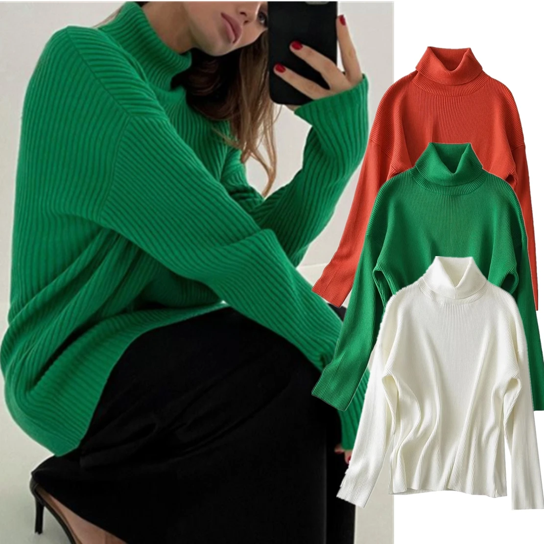 

Jenny&Dave 2023 Ins Fashion Blogger Vintage Turtleneck Solid Loose Knitwear Rib Winter Sweaters Women Pullovers Tops