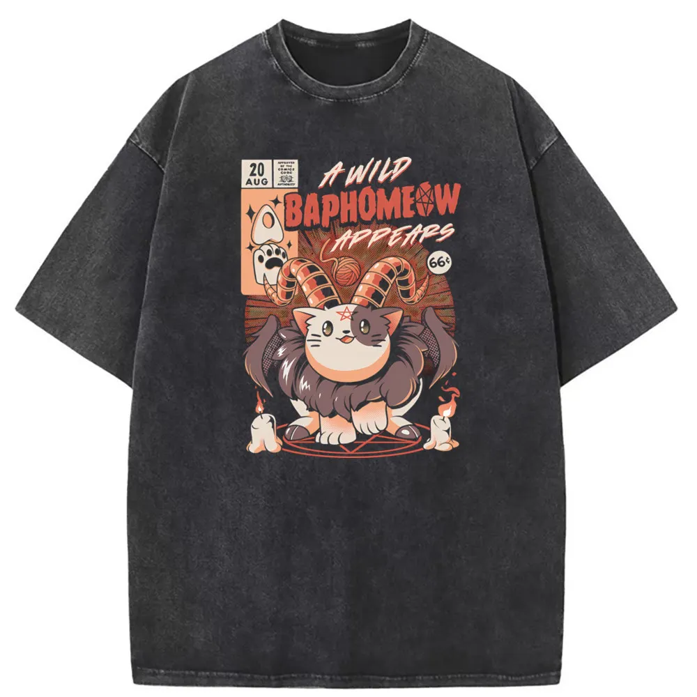 

Baphomeow Cute Cat Washed Tshirt Retro Fashionable Long Sleeve Sweatshirts Women Slim Fit Sportswears Summer T Shirt Men