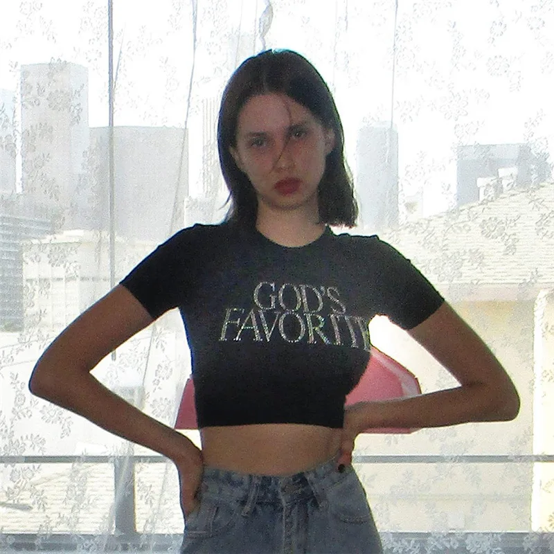 

Y2k Style Crop Top Women O-Neck Letter Rhinestone Black Pullover Streetwear Sexy Short Sleeve T-Shirt 90s Vintage Grunge Tees