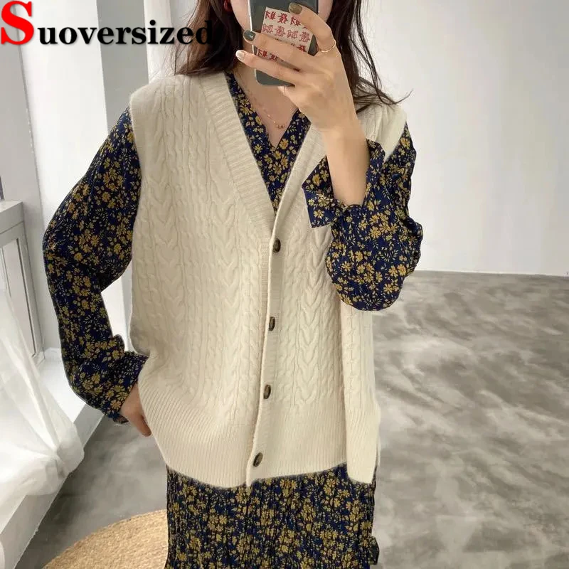 

Korean Women Sweater Vest 2023 Autumn And Winter Sleeveless Cardigan Loose Casual Knitted Tops V Neck Single Breasted Waistcoat